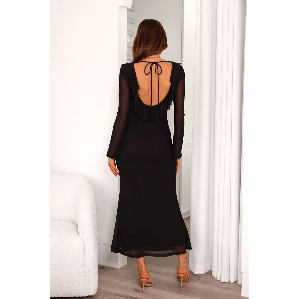 Hello Molly Date at Nine Mesh Ruffle Long Sleeve Maxi Dress in Black Size 4
